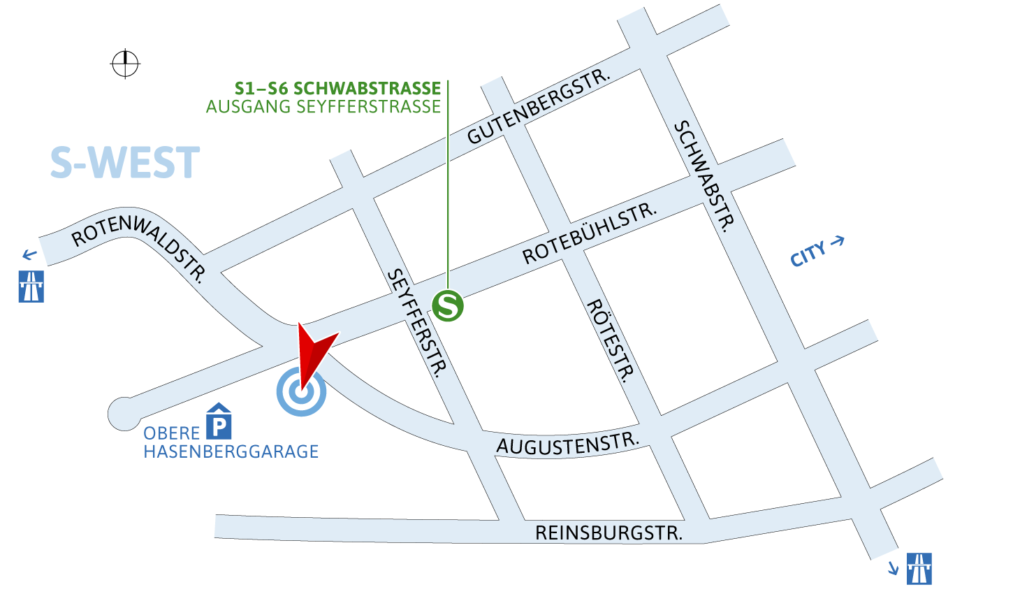 Büro 6B, Stuttgart, Medien & Kommunikation, Anfahrskizze Augustenstraße 131, 70197 Stuttgart